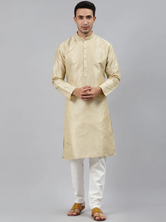 Men Beige Striped Regular Kurta with Pyjamas