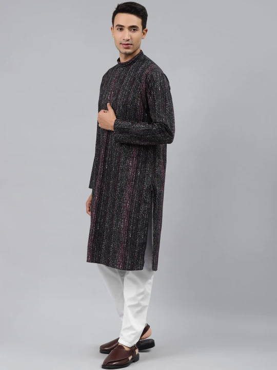 Men Black Printed Regular Pure Cotton Kurta with Pyjamas - Image 3