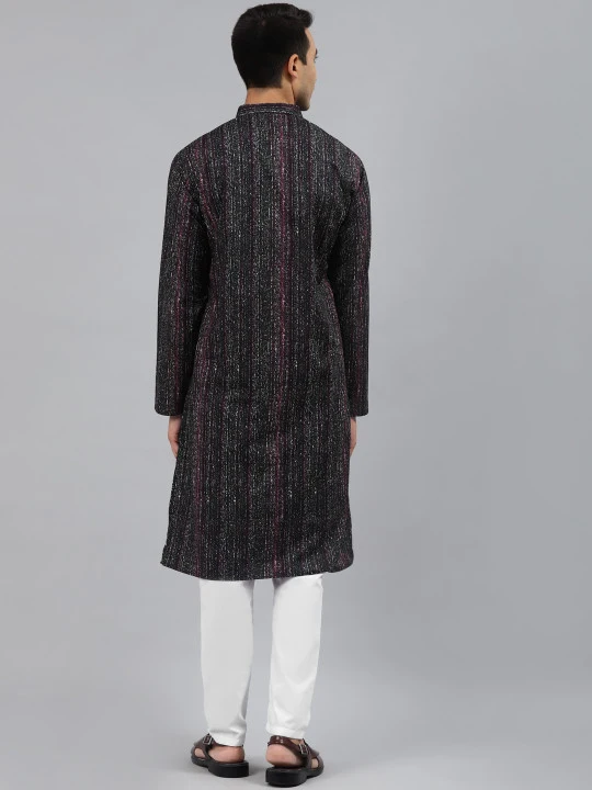 Men Black Printed Regular Pure Cotton Kurta with Pyjamas - Image 4