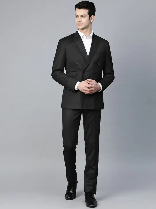 Men Black Solid Slim Fit Double-Breasted Formal Suit