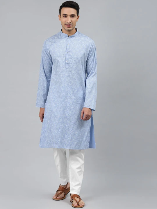 Men Blue Paisley Printed Regular Pure Cotton Kurta with Pyjamas