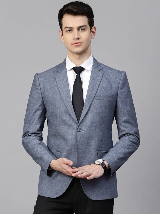 Men Blue Slim Fit Solid Single-Breasted Formal Blazer