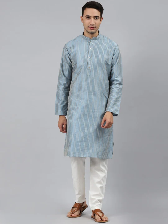 Men Blue Striped Regular Kurta with Pyjamas1