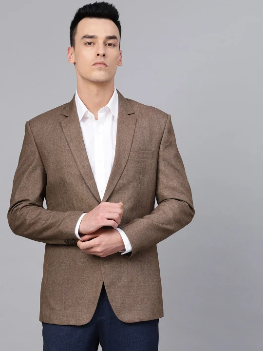 Men Brown Slim Fit Solid Single-Breasted Formal Blazer