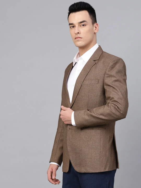 Men Brown Slim Fit Solid Single-Breasted Formal Blazer - Image 2