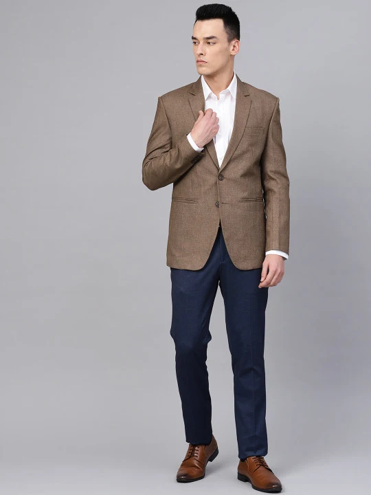 Men Brown Slim Fit Solid Single-Breasted Formal Blazer - Image 3