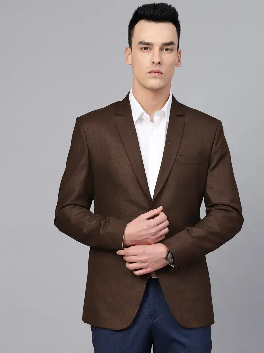 Men Brown Solid Slim Fit Single Breasted Party Blazer