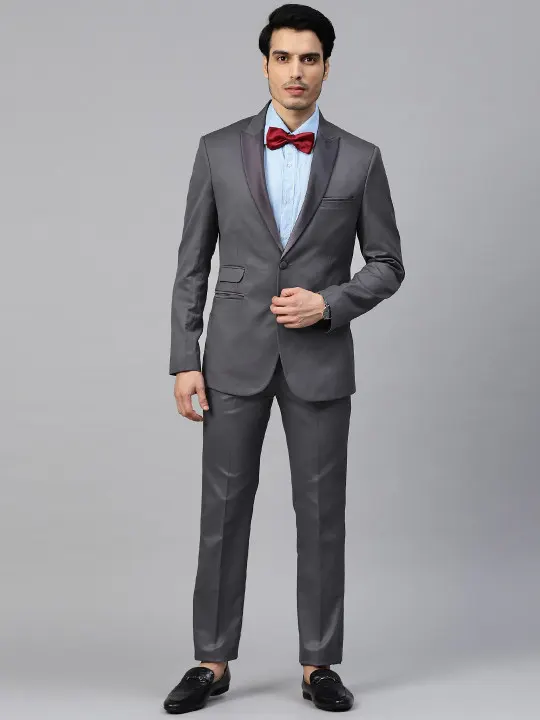 Men Charcoal Grey Solid Slim Fit Tuxedo Suit