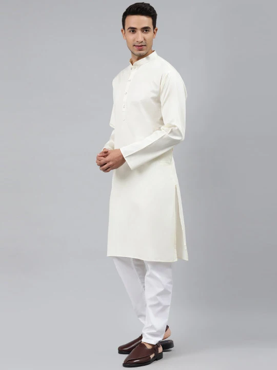 Men Cream-Coloured Regular Pure Cotton Kurta with Pyjamas - Image 3