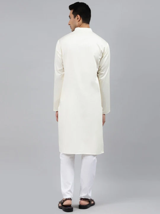 Men Cream-Coloured Regular Pure Cotton Kurta with Pyjamas - Image 4