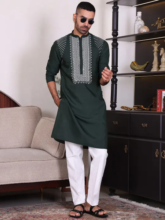 Men Embroidered & Sequinned Regular Kurta with Trousers