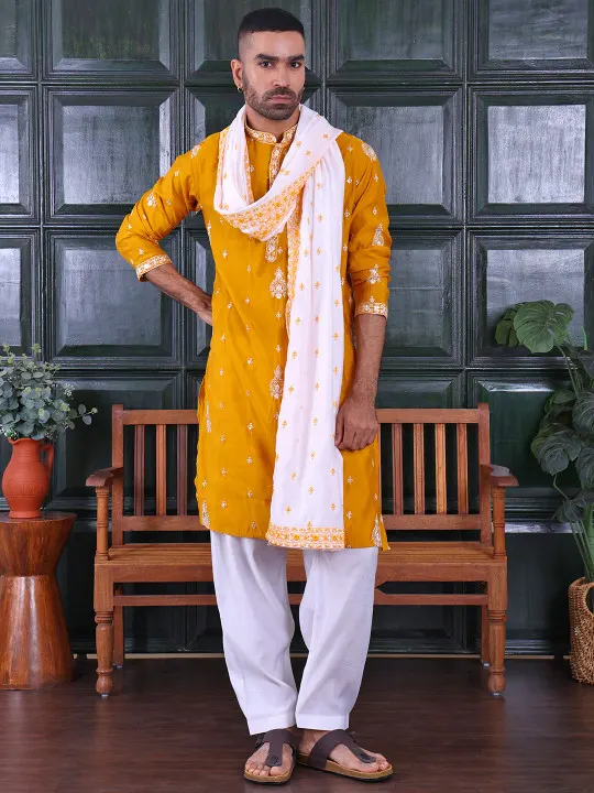 Men Ethnic Motifs Embroidered Regular Sequinned Kurta with Salwar & With Dupatta