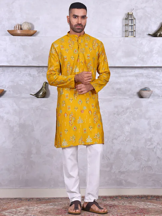 Men Ethnic Motifs Embroidered Regular Sequinned Pure Cotton Kurta with Pyjamas