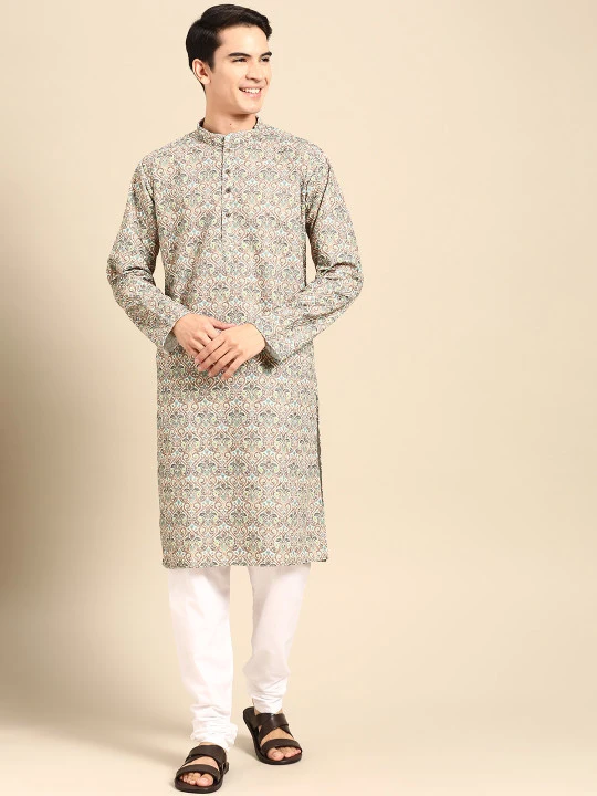 Men Ethnic Motifs Printed Regular Pure Cotton Kurta with Churidar