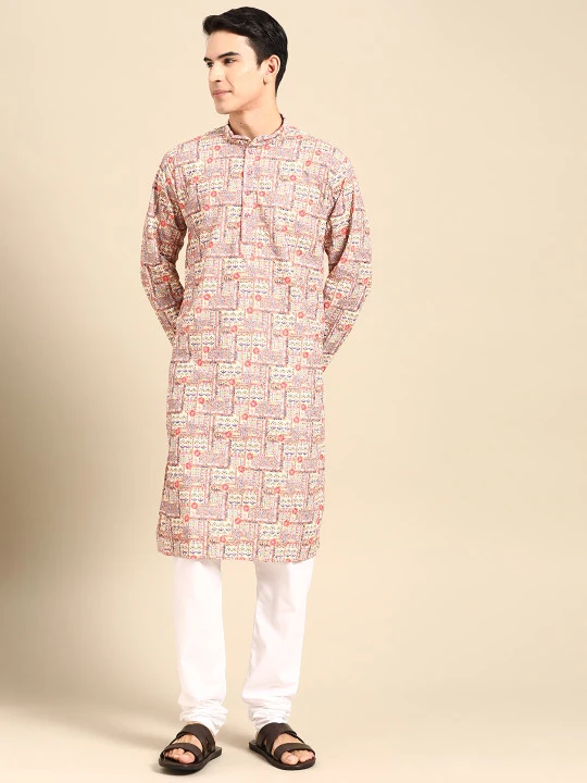 Men Ethnic Motifs Printed Regular Pure Cotton Kurta with Churidar