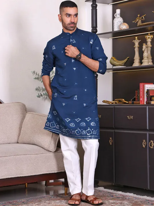 Men Geometric Embroidered Mirror Work Festive Kurta
