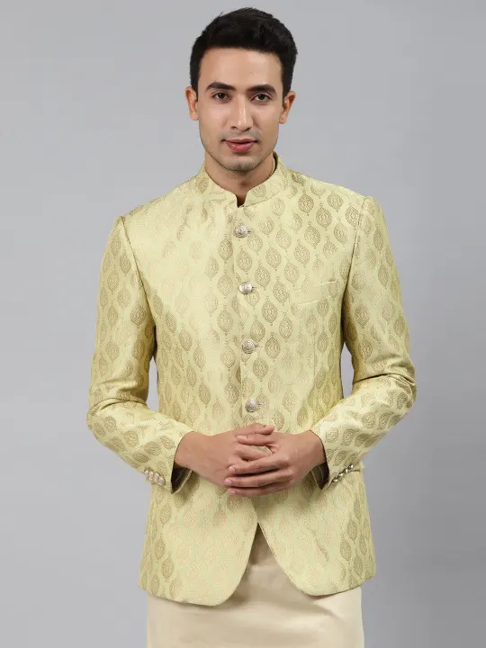 Men Green Self-Design Slim Fit Bandhgala Blazer