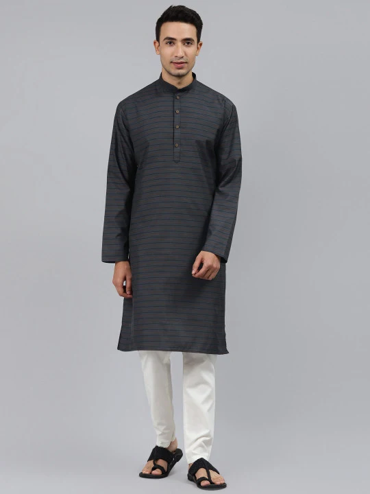 Men Grey Striped Regular Kurta with Pyjamas