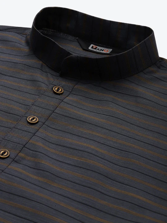 Men Grey Striped Regular Kurta with Pyjamas - Image 2