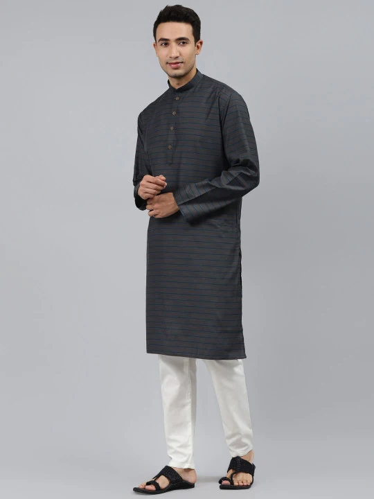 Men Grey Striped Regular Kurta with Pyjamas - Image 3