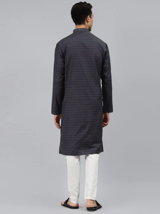 Men Grey Striped Regular Kurta with Pyjamas - Image 4