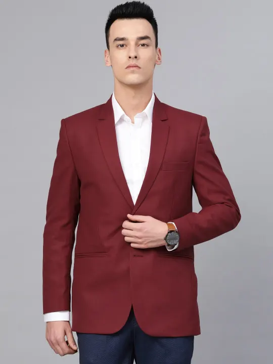 Men Maroon Slim Fit Solid Single-Breasted Smart Casual Blazer