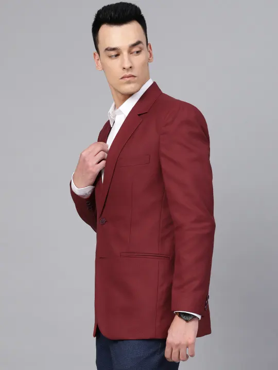 Men Maroon Slim Fit Solid Single-Breasted Smart Casual Blazer - Image 3