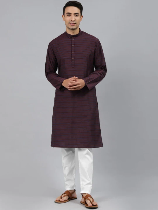 Men Maroon Striped Regular Kurta with Pyjamas
