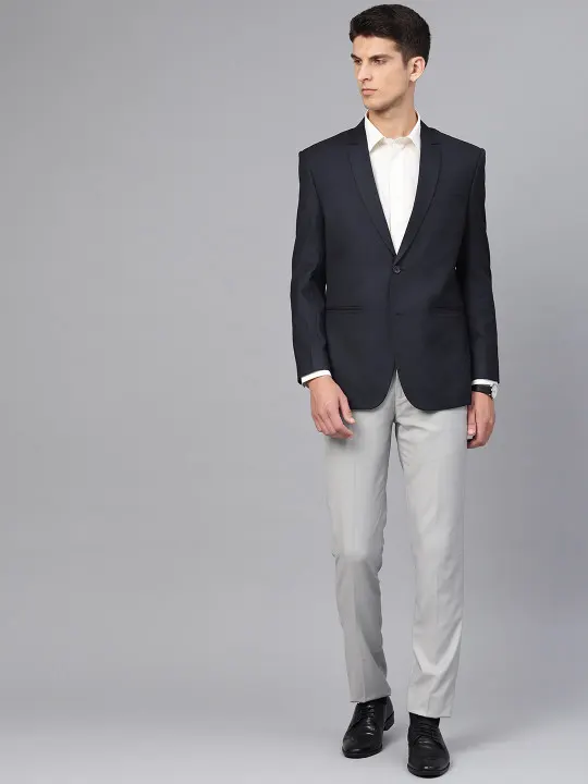 Men Navy Blue Slim Fit Solid Single Breasted Formal Blazer - Image 2