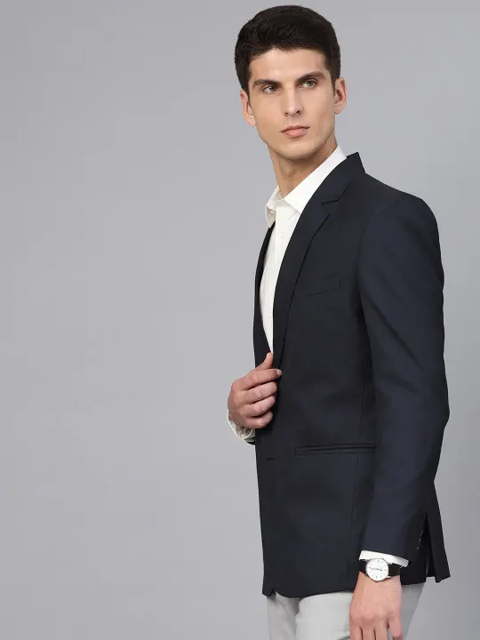 Men Navy Blue Slim Fit Solid Single Breasted Formal Blazer - Image 3