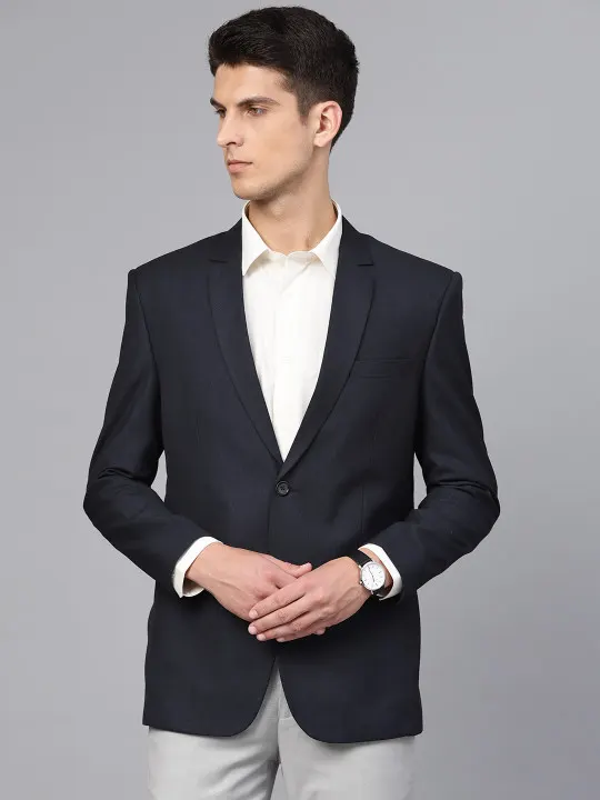 Men Navy Blue Slim Fit Solid Single Breasted Formal Blazer