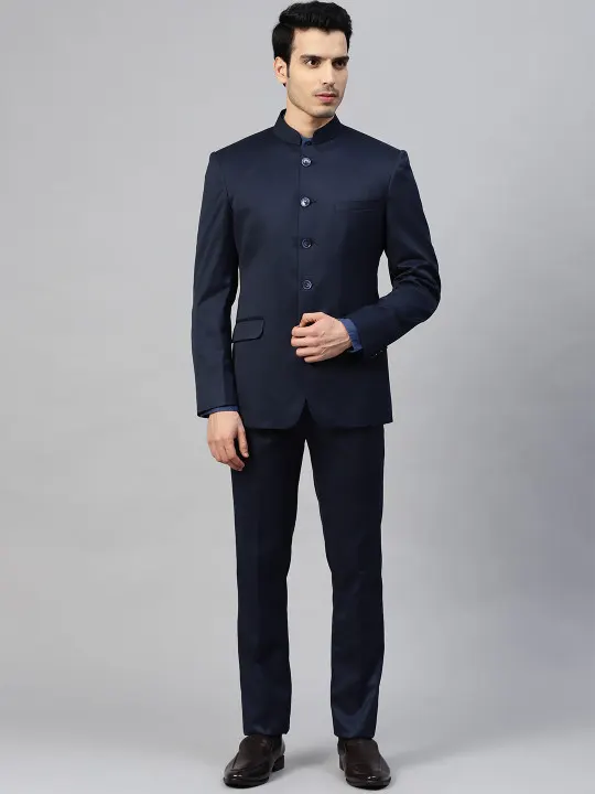 Men Navy Blue Solid Slim Fit Ethnic Bandhgala Suit