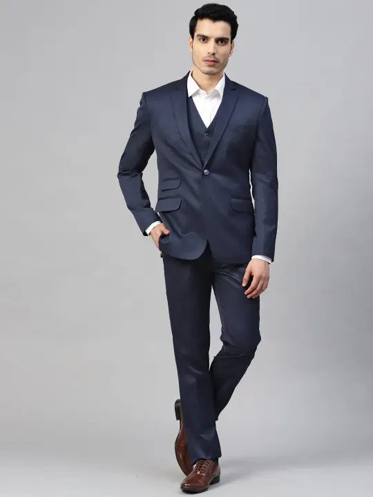 Men Navy Blue Solid Slim Fit Single-Breasted Three-Piece Formal Suit