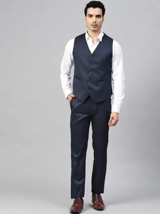 Men Navy Blue Solid Slim Fit Single-Breasted Three-Piece Formal Suit - Image 2