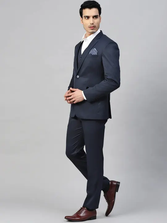 Men Navy Blue Solid Slim Fit Single-Breasted Three-Piece Formal Suit - Image 3