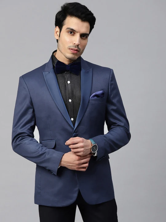 Men Navy Blue Solid Slim Fit Tuxedo Blazer