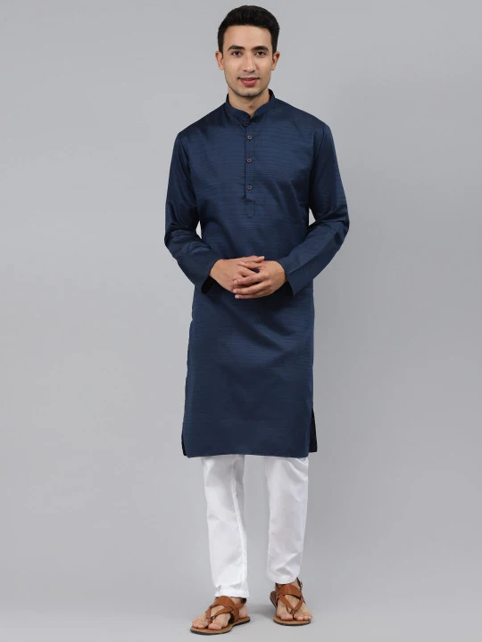 Men Navy Blue Striped Regular Kurta with Pyjamas