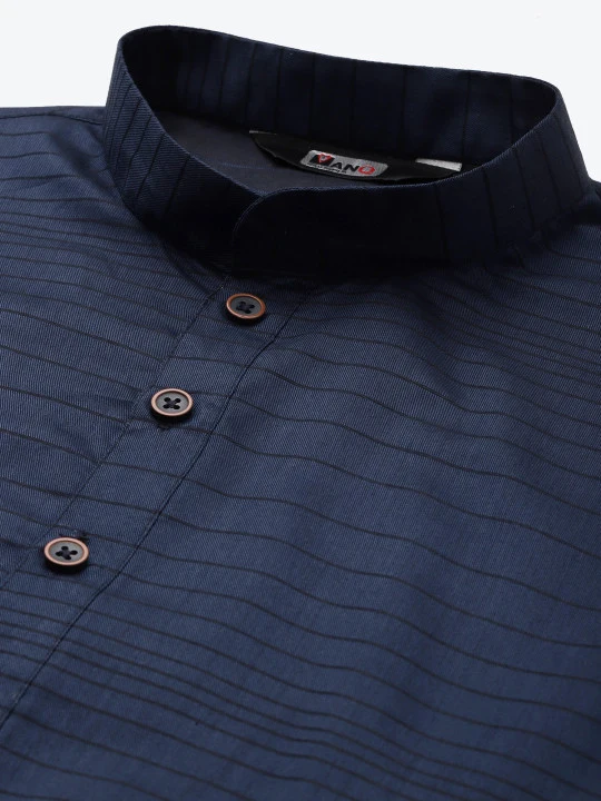 Men Navy Blue Striped Regular Kurta with Pyjamas - Image 2