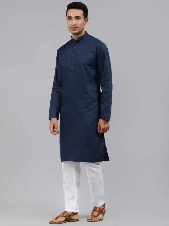 Men Navy Blue Striped Regular Kurta with Pyjamas - Image 3