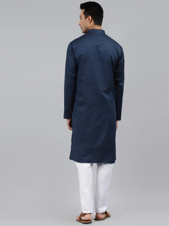 Men Navy Blue Striped Regular Kurta with Pyjamas - Image 4