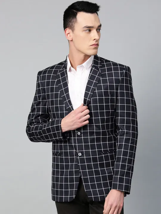 Men Navy Blue & White Checked Slim Fit Single Breasted Party Blazer