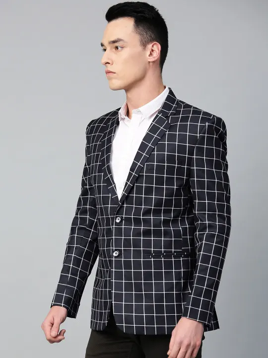 Men Navy Blue & White Checked Slim Fit Single Breasted Party Blazer - Image 2