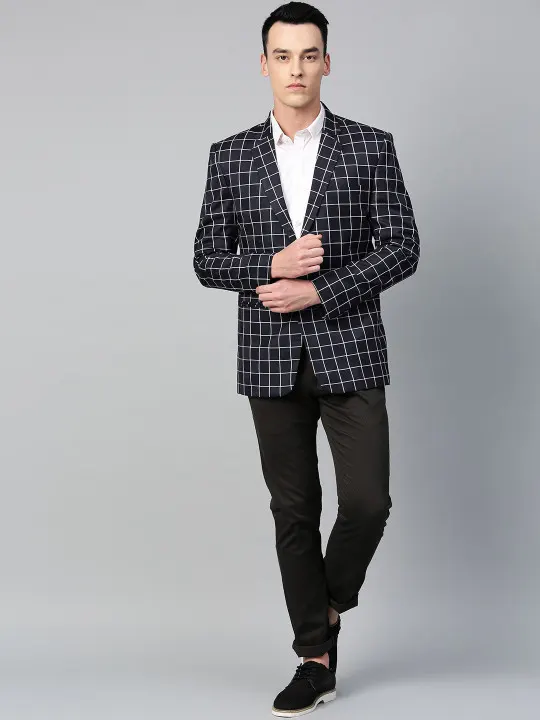 Men Navy Blue & White Checked Slim Fit Single Breasted Party Blazer - Image 3