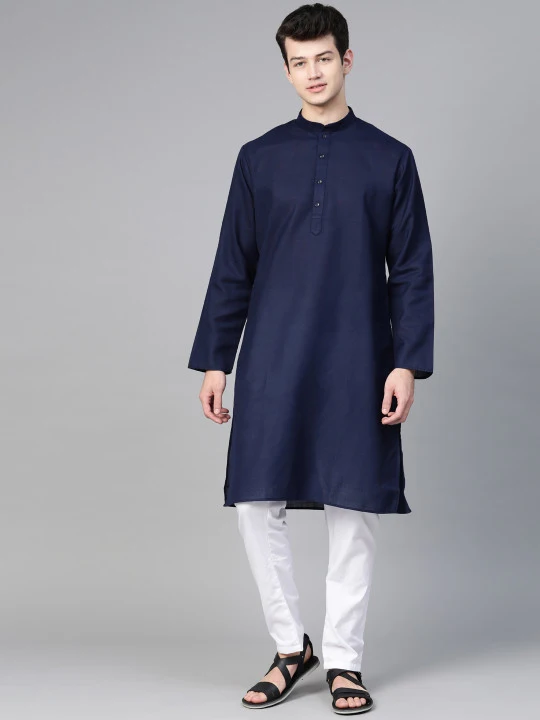 Men Navy Blue & White Solid Kurta with Pyjamas