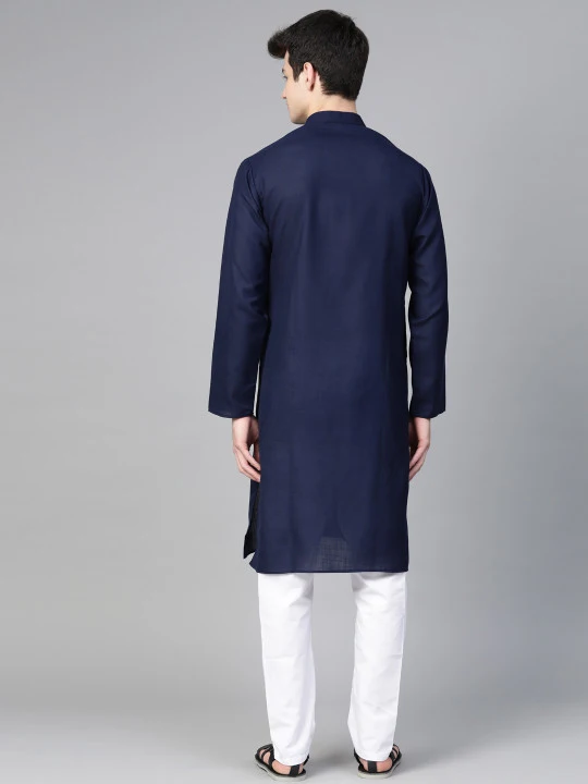Men Navy Blue & White Solid Kurta with Pyjamas - Image 2