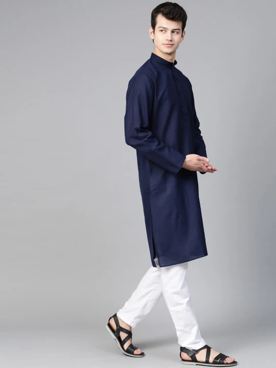 Men Navy Blue & White Solid Kurta with Pyjamas - Image 3