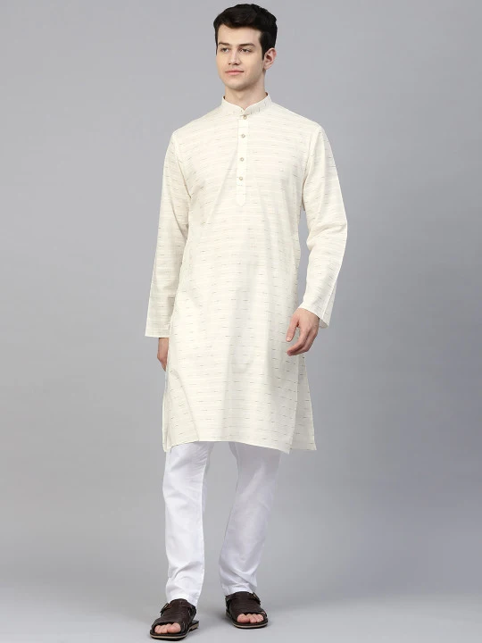 Men Off-White Self Striped Kurta with Pyjamas