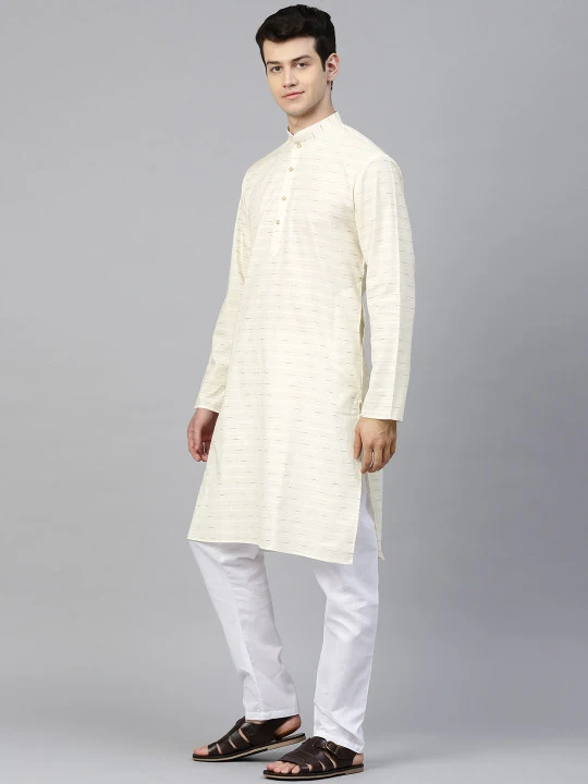 Men Off-White Self Striped Kurta with Pyjamas - Image 2