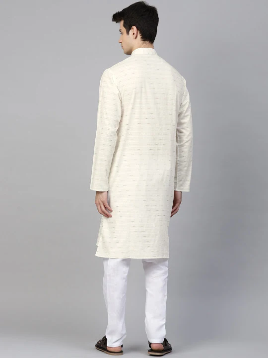 Men Off-White Self Striped Kurta with Pyjamas - Image 3