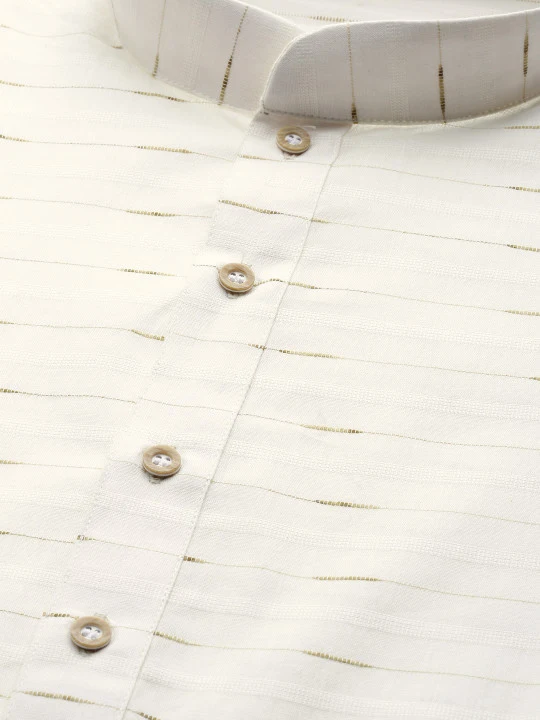 Men Off-White Self Striped Kurta with Pyjamas - Image 4